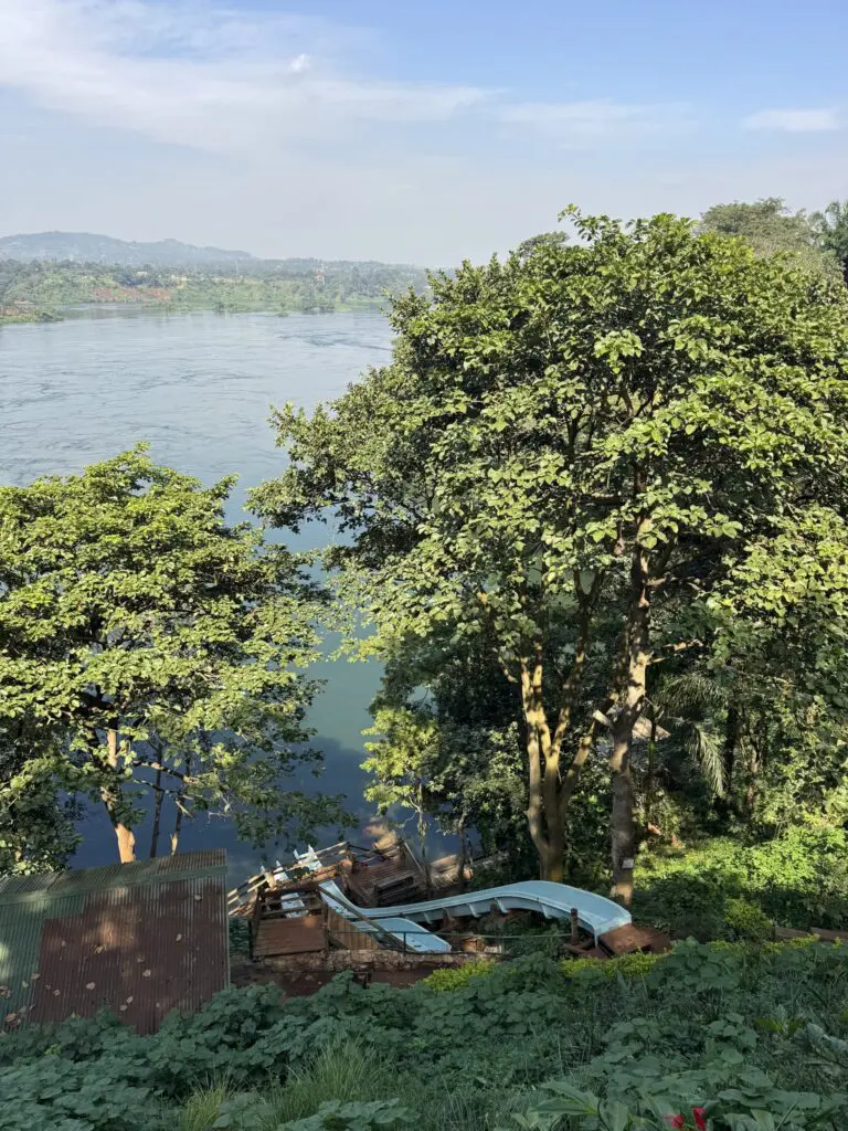 river landscape with lush green trees and small boats
